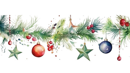 Watercolor christmas tree branches decorated with baubles and stars on white background