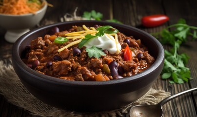  a bowl of chili with sour cream on top of it.  generative ai