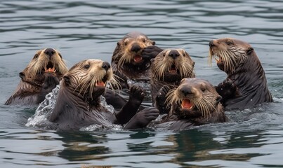 Fototapeta premium a group of sea otters swimming in the ocean together. generative ai