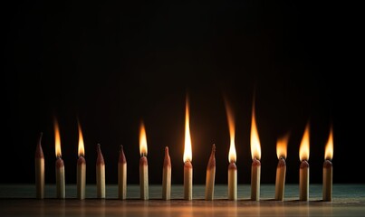  a row of lit candles sitting on top of a wooden table next to a black wall with a black back ground and a row of lit candles in the middle.  generative ai