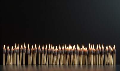  a row of matches sticks with one lit up and the other lit up with a lighter in the middle of the row, on a black background.  generative ai
