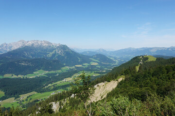 Fototapeta na wymiar The view of Sarsteinalm from the trekking route to Hoher Sarstein mountain, Upper Austria region 