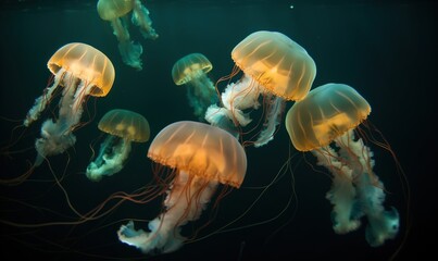  a group of jellyfish swimming in the water together in the dark water of the ocean, looking like they are floating in the water.  generative ai