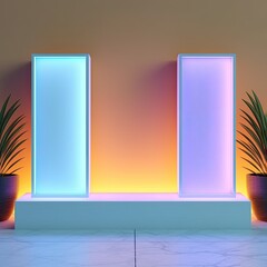 Shopping store elegant product display, premium product podium stand. Showcase made of sleek acrylic glass futuristic material. Neon colored. Minimal interactive technology design. Generated AI.
