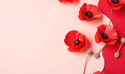  red poppies on a pink background with a music note and a red heart with a note on the bottom of the image and a pink background with a red heart.  generative ai