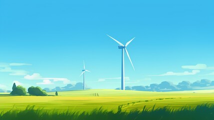 Fototapeta premium Wind turbine majestically standing in the green fields under a clear blue sky, exemplifying the harnessing of renewable energy resources in harmony with the natural environment. Generative AI