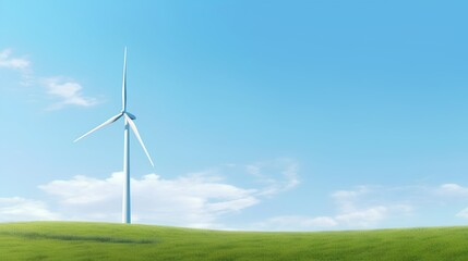Fototapeta premium Wind turbine majestically standing in the green fields under a clear blue sky, exemplifying the harnessing of renewable energy resources in harmony with the natural environment. Generative AI