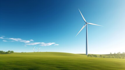 Fototapeta premium Wind turbine majestically standing in the green fields under a clear blue sky, exemplifying the harnessing of renewable energy resources in harmony with the natural environment. Generative AI