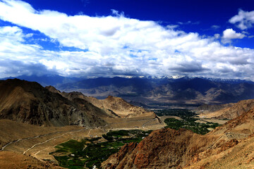 Aerial of green valley, Ladakh, Jammu and Kashmir, India