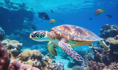  a turtle swimming over a coral reef with other fish in the water behind it and a coral reef in the foreground with a school of fish in the background.  generative ai