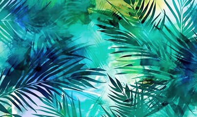  a watercolor painting of palm leaves on a white background with blue and green colors and a green and yellow color scheme on the left side of the image.  generative ai