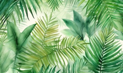  a watercolor painting of green leaves on a white background with a green leafy pattern in the center of the image is a palm tree.  generative ai