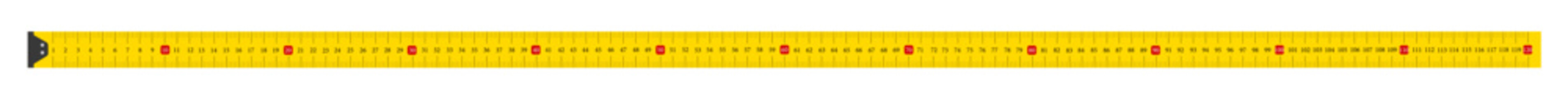 Yellow ruler for measuring length in cm. Long metric tape with scale. Tape measure with a metal ruler for measuring in millimeters, centimeters and meters. Vector illustration.	