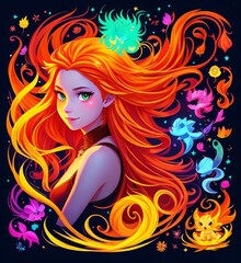A girl with long red hair and a fiery body, fantasy art, Generative AI Art Illustration 05