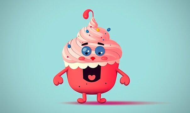  a cartoon cupcake with a pink frosting and sprinkles on it's face and eyes, with a blue background.  generative ai