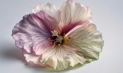  a flower that is sitting on a white table top with a white background and a light purple flower in the middle of the flower petals.  generative ai