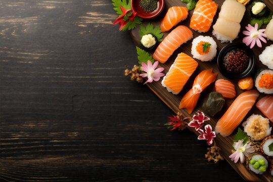 fresh rice sushi seafood healthy asian japanese fish roll food. Generative AI.