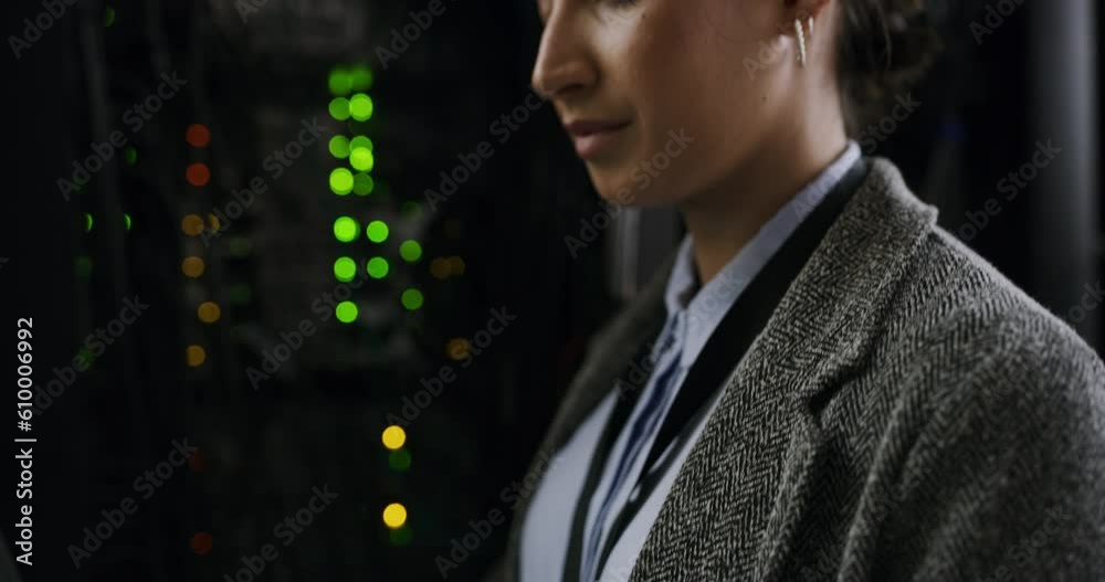 Poster Server room, laptop and woman programmer typing code, programming and cloud computing online or on the web. Data, database and female person or technician smile while coding for cyber security