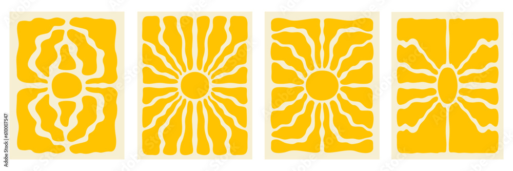 Poster vertical retro set groovy backgrounds with bright sunburst in style 60s, 70s. trendy colorful graphi
