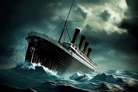 An Oil Painting Style Illustration of the Sinking of the Titanic as the Ship Starts to Sink