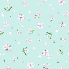 Apple tree flowers, watercolor seamless background. Print with apple flowers for textiles, paper, packaging and other products