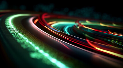 Energetic vibrations: lines of high-speed neon light waves create a dynamic movement of intense and bright colors: red and green. generative AI,