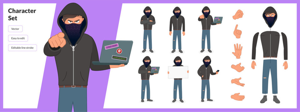Illustration of a mystery hacker, wearing a hoodie in a set of multiple poses. Easy to edit with editable line strokes and isolated on white background. Suitable for animation.