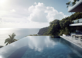 Fototapeta na wymiar A luxurious infinity pool overlooking a tropical ocean view, seamlessly blending modern architecture with the natural landscape, AI generated.