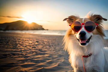 Dog with sunglasses on the beach at sunset, travel and vacation concept