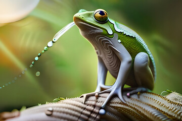 Green tree frog with spit water drops on his leg. Close up.