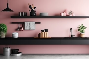 Kitchen with pink Interior shelf in modern kitchen room Photography AI Generated