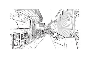 Building view with landmark of Provincetown is the town in Massachusetts. Hand drawn sketch illustration in vector.