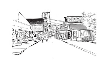 Building view with landmark of Provincetown is the town in Massachusetts. Hand drawn sketch illustration in vector.