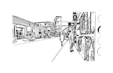 Building view with landmark of Provincetown is the town in Massachusetts. Hand drawn sketch illustration in vector.