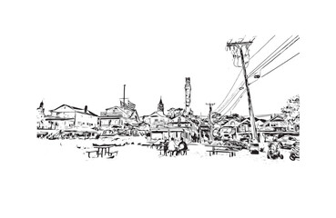 Building view with landmark of Provincetown is the town in Massachusetts. Hand drawn sketch illustration in vector.