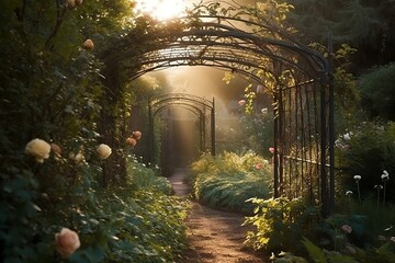 Lush Garden Pathway | Iron Trellis | Overgrown Roses | Romantic | Created With Generative AI