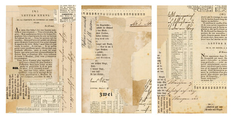 set / collection of paper collage backgrounds made of antique documents with handwriting and book pages, neutral colors, ideal for ATC, mail art, journal cards or postcards, isolated PNG - 610009194