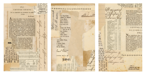 set / collection of paper collage backgrounds made of antique documents with handwriting and book pages, neutral colors, ideal for ATC, mail art, journal cards or postcards, isolated PNG