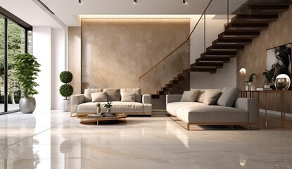 a modern living room with a couch and stair and marble flooring Generative AI
