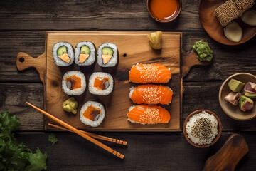 Tasty japanese sushi. Super photo realistic background, generative ai