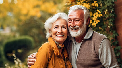 Happy senior couple in autumn park Generative AI