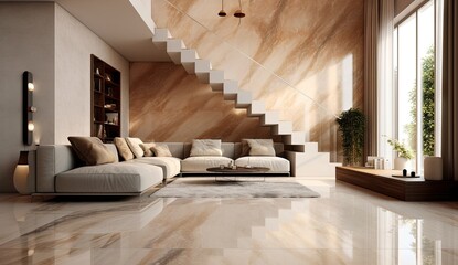 elegant modern living room in a space with a marbled staircase mockup 3d rendering Generative AI