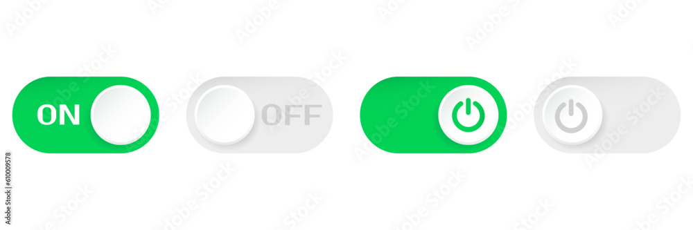 Poster realistic toggle button switches, icon set of buttons or sliders in on and off positions vector illu
