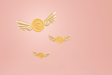 3d Gold dollar coins with white wings on pink background. illustration minimal style flying money for expenses concept.
