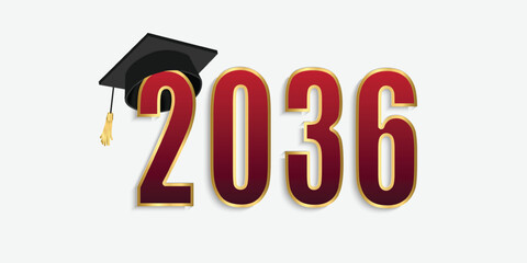 2036 red and gold numbers with graduation hat. vector illustration