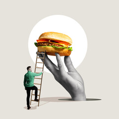 A man climbs the stairs to a burger. Art collage - obrazy, fototapety, plakaty