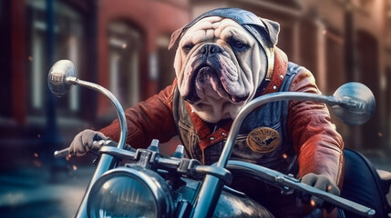 Bulldog biker riding a motorcyle. Generative AI.