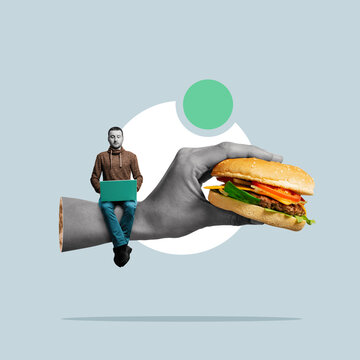 A man orders a burger using a laptop. Art collage.