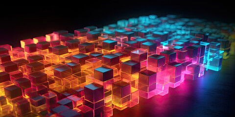Abstract 3d background, colorful glowing cubes pattern texture. Generative AI