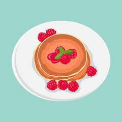 Delicious breakfast pancakes with raspberry jam on plate, vector illustration